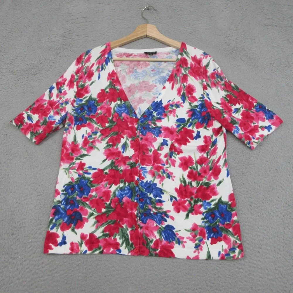 Talbots Cardigan Sweater Womens Large Multicolor‎ Floral V Neck Short Sleeve